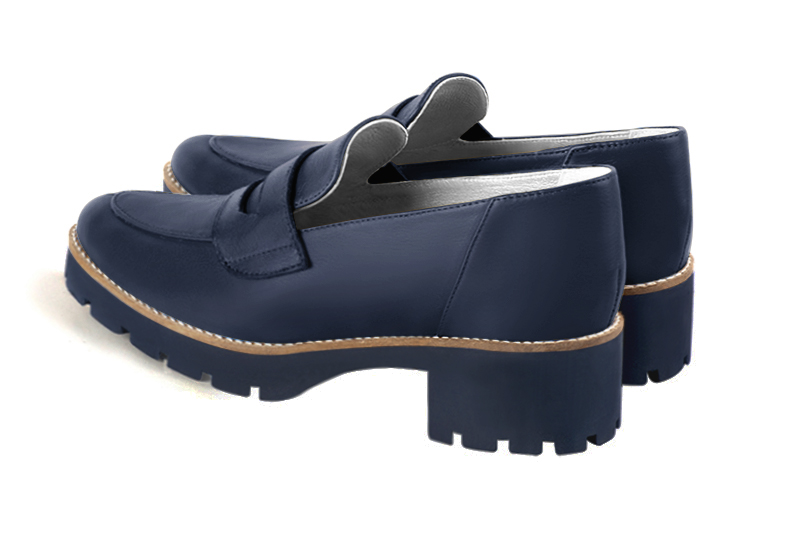 Navy blue women's casual loafers. Round toe. Low rubber soles. Rear view - Florence KOOIJMAN